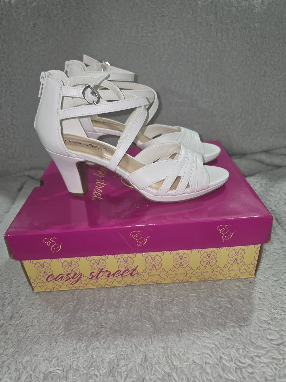easy street White Strappy Ankle-Wrap Heeled Sandals